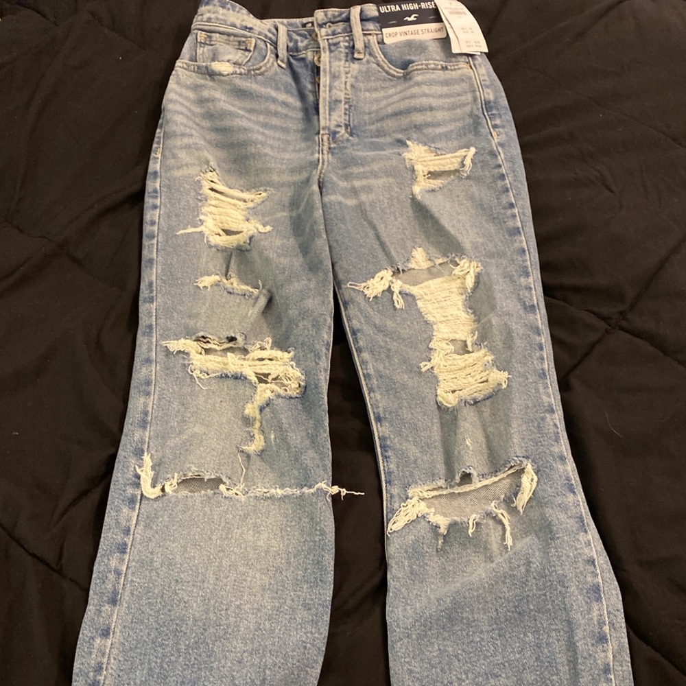 Hollister ultra high rise crop vintage straight ripped blue jeans size 0R W24
